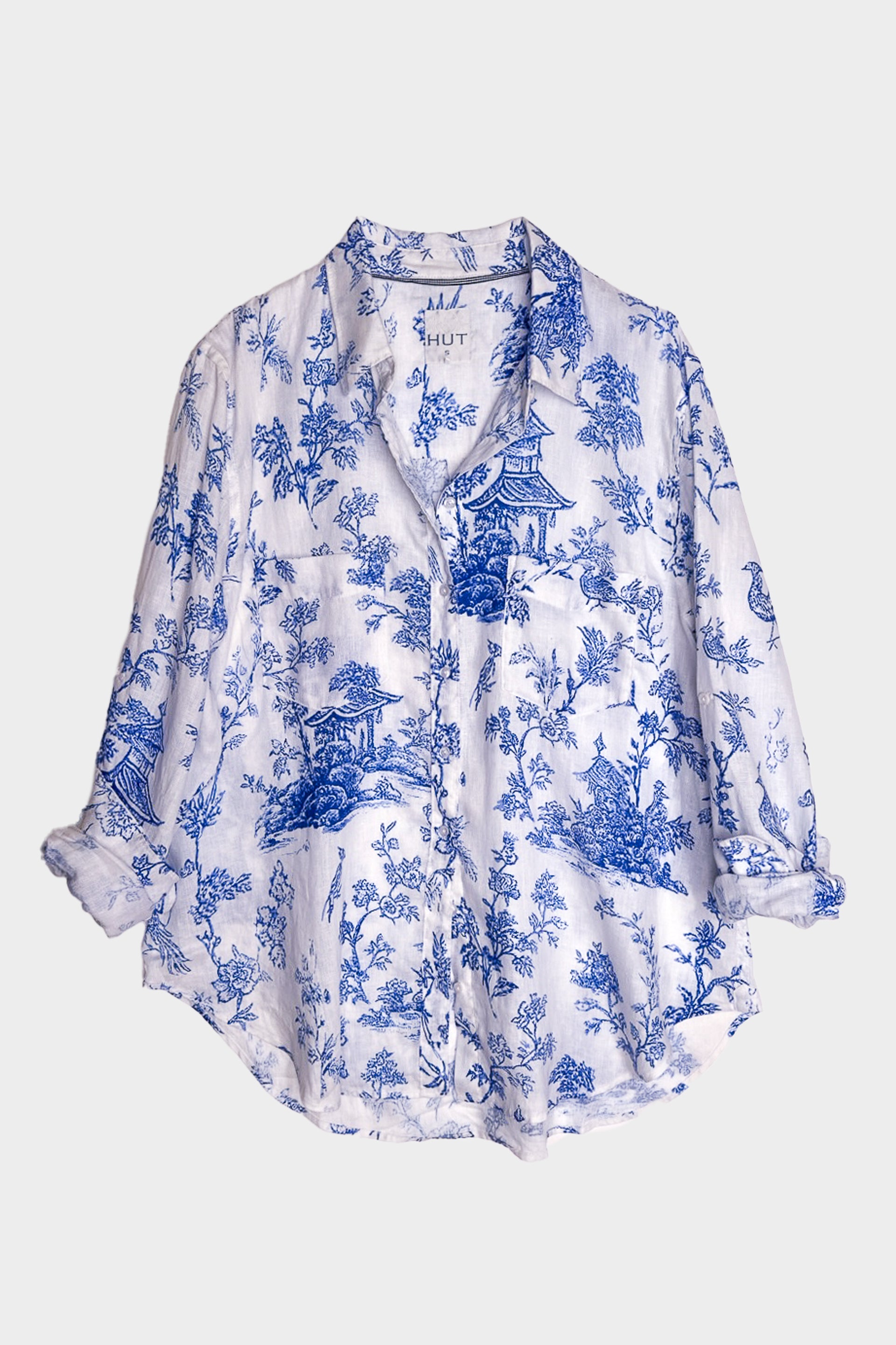 Oversized Boyfriend Linen Shirt with two chest pockets and tab sleeves in a blue and white Chinoiserie Print