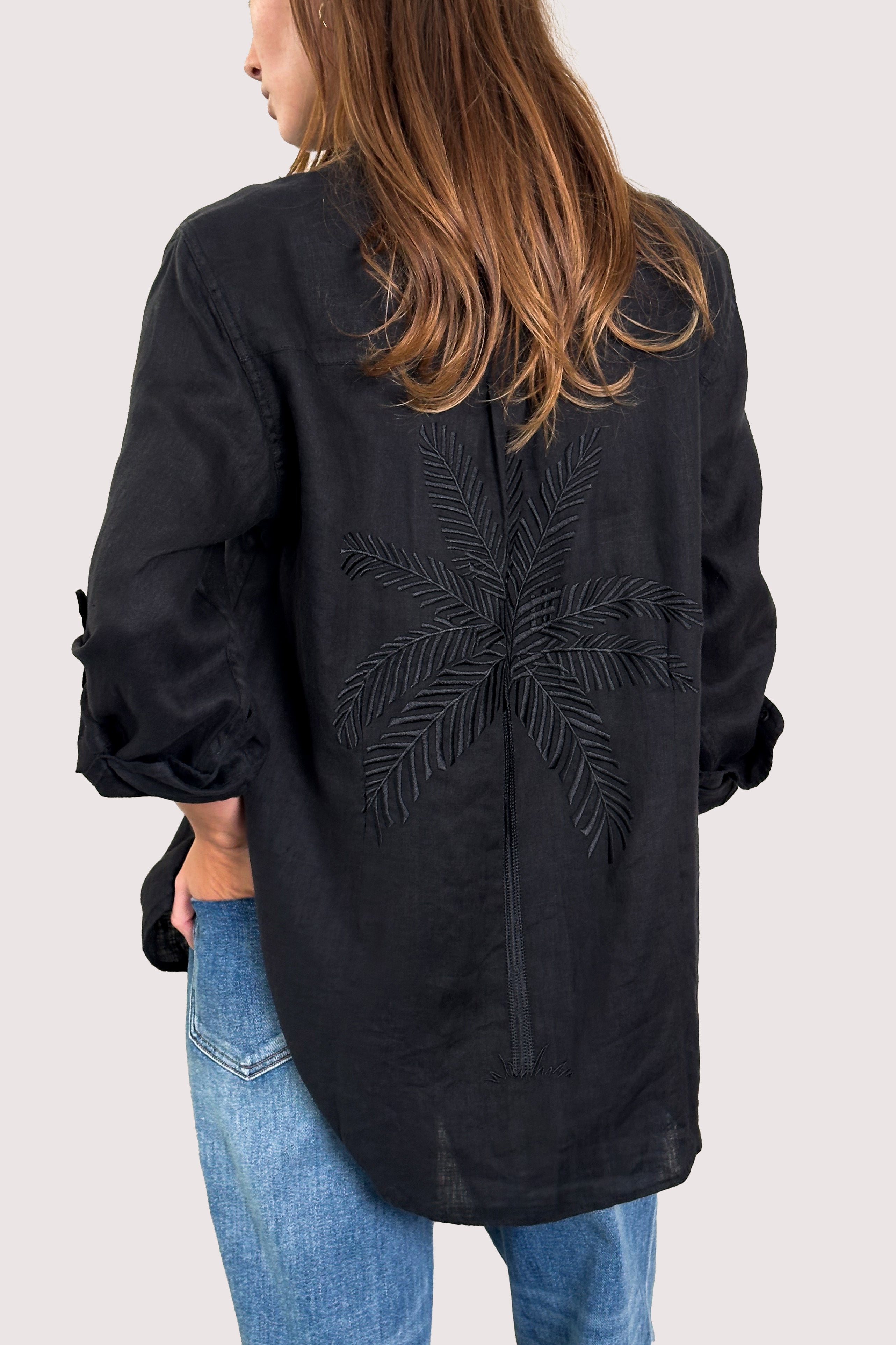 Back of Hut clothing Black Embroidered Palm Boyfriend Linen Shirt on model