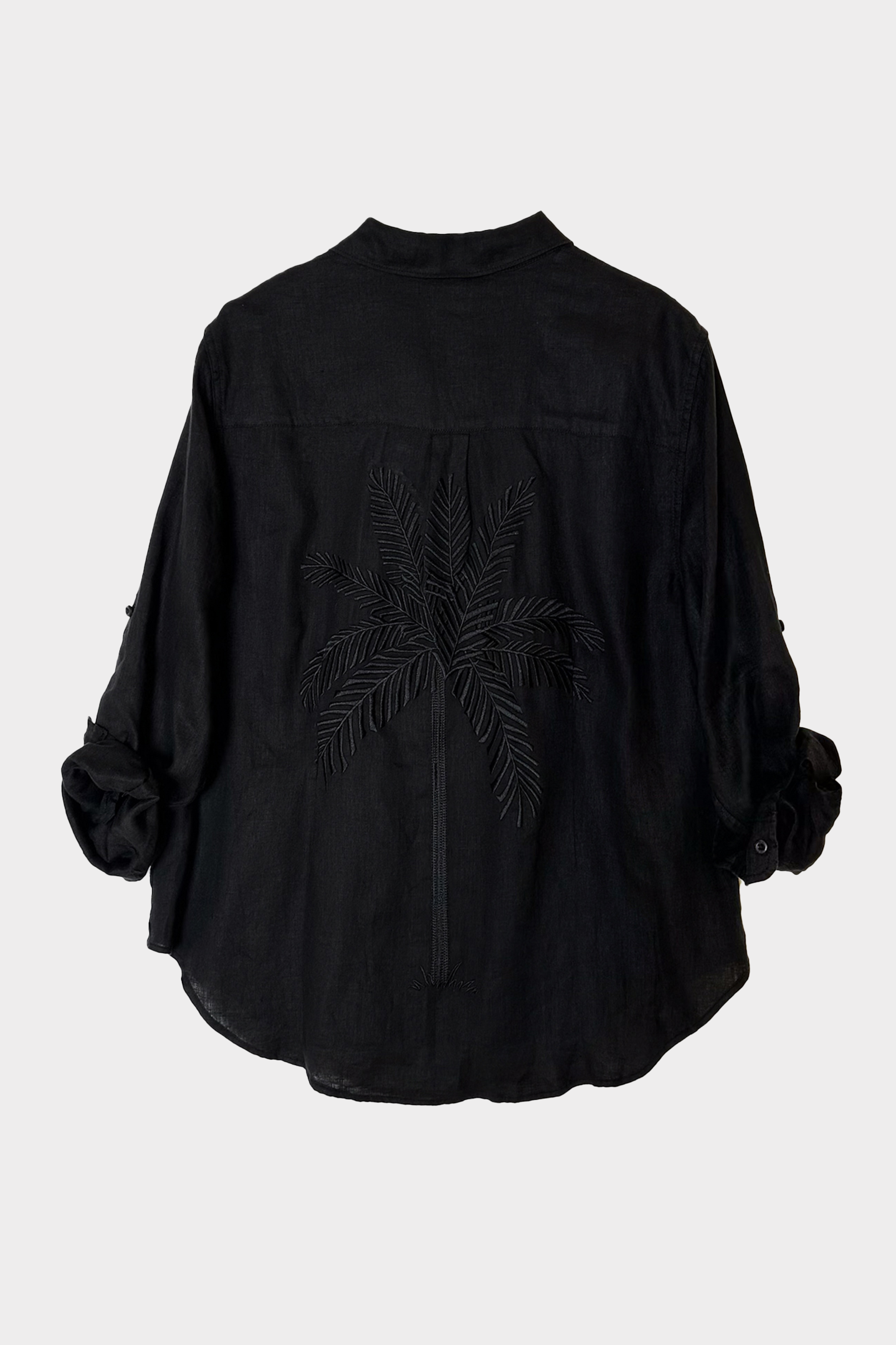 Back photo of Hut Clothing Black Embroidered Palm Boyfriend Linen Shirt made from organic Belgian linen