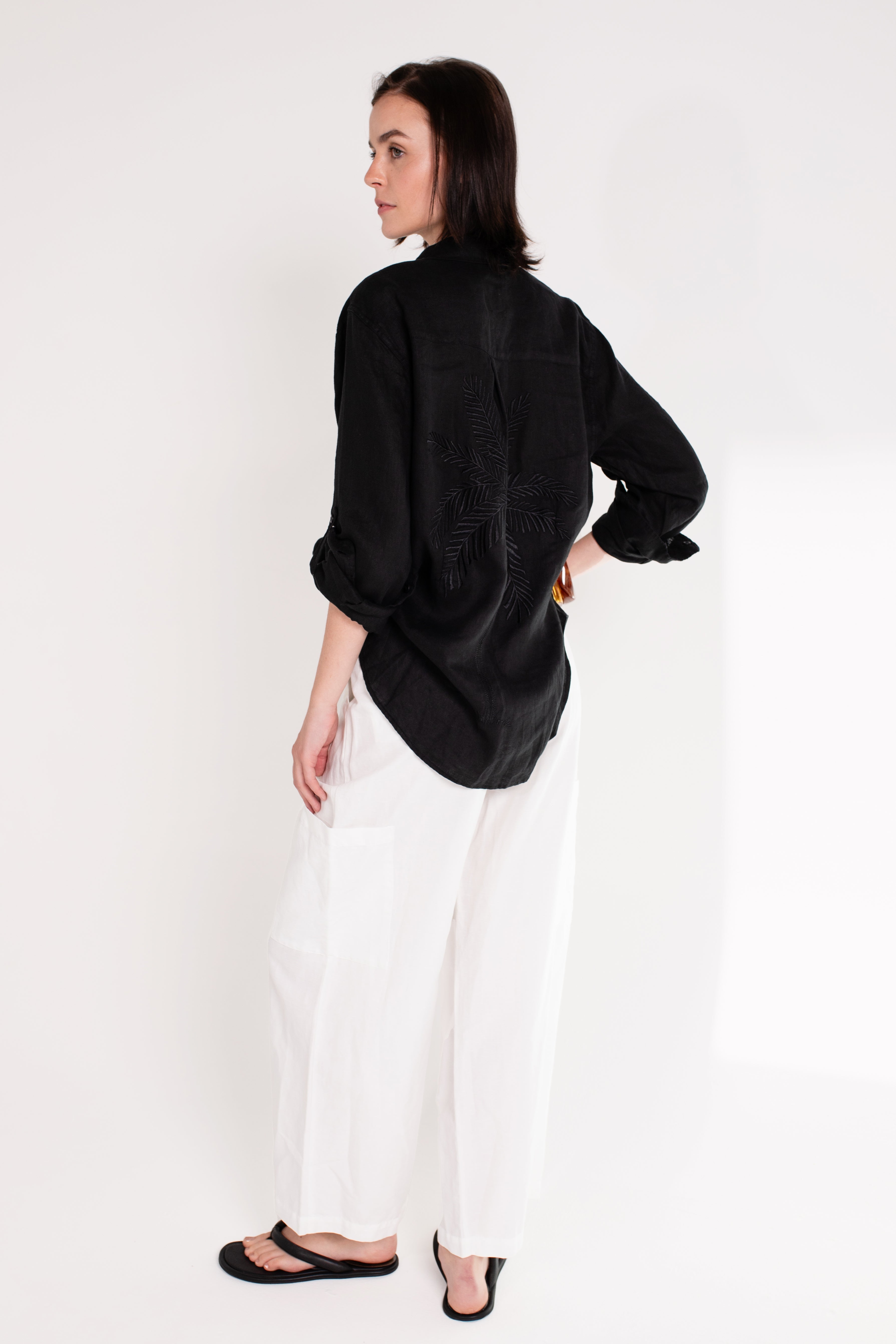 Back of Hut Black Embroidered Palm Boyfriend Linen Shirt