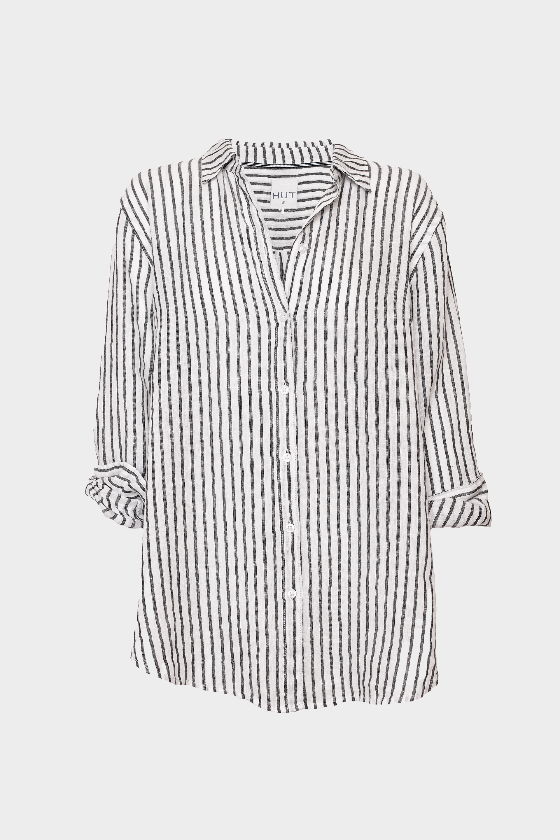 Hut Black and White Striped Boyfriend organic linen shirt on a light gray background