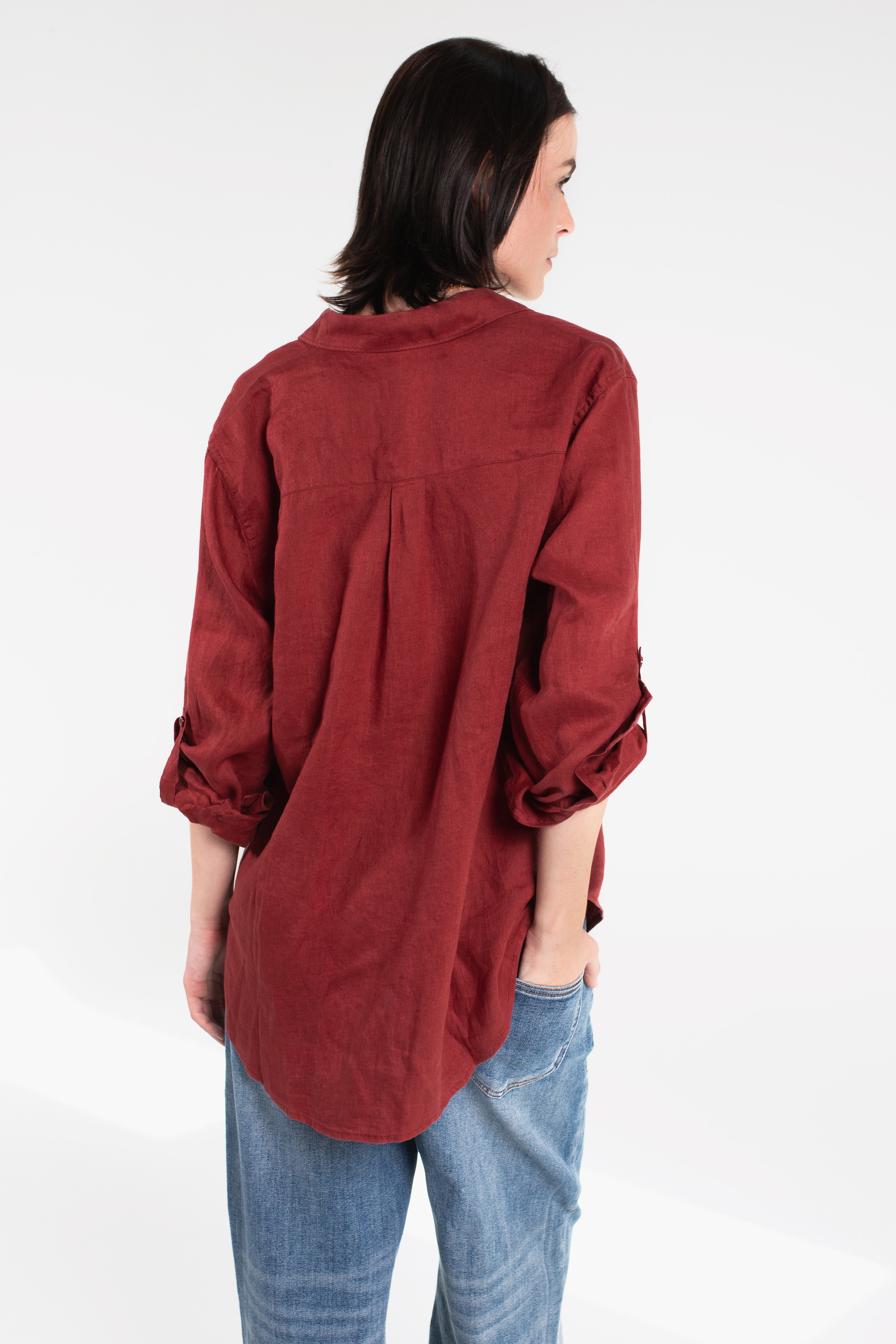 Back of Hut Burgundy Linen Boyfriend Shirt