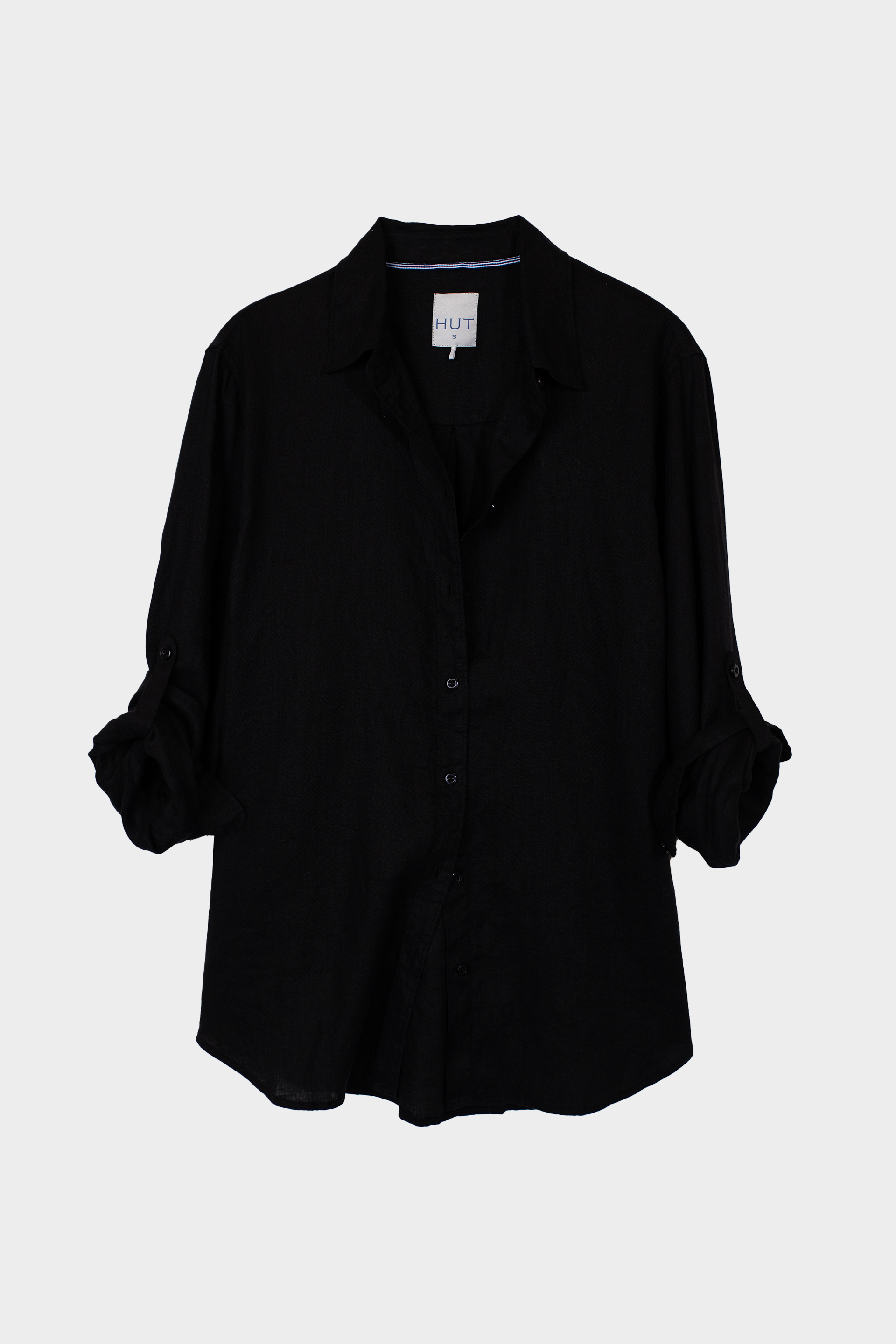 Black Linen Boyfriend shirt with no pockets on a white background