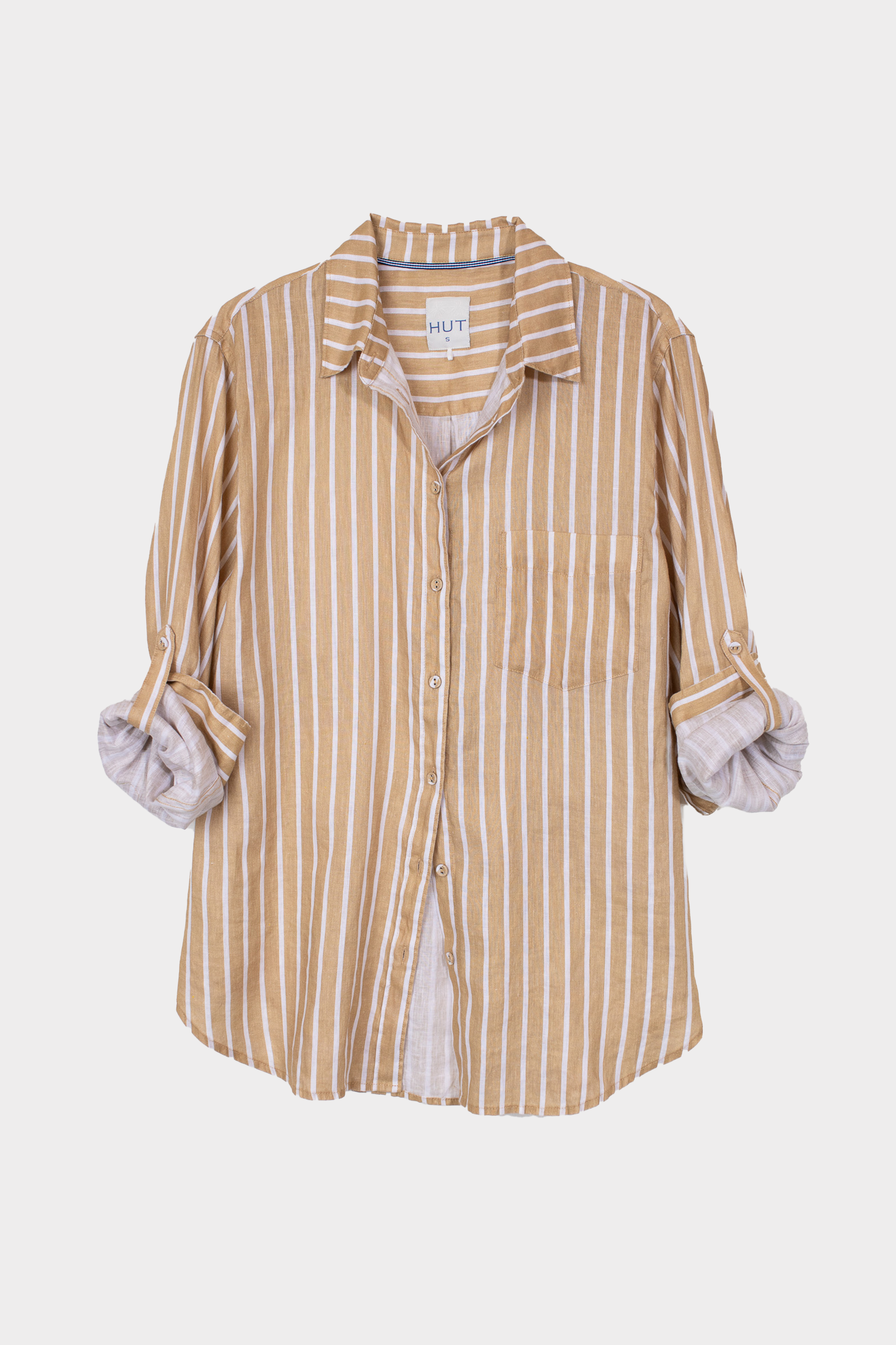 Striped Tan Boyfriend Linen shirt with rolled-up sleeves on a white background