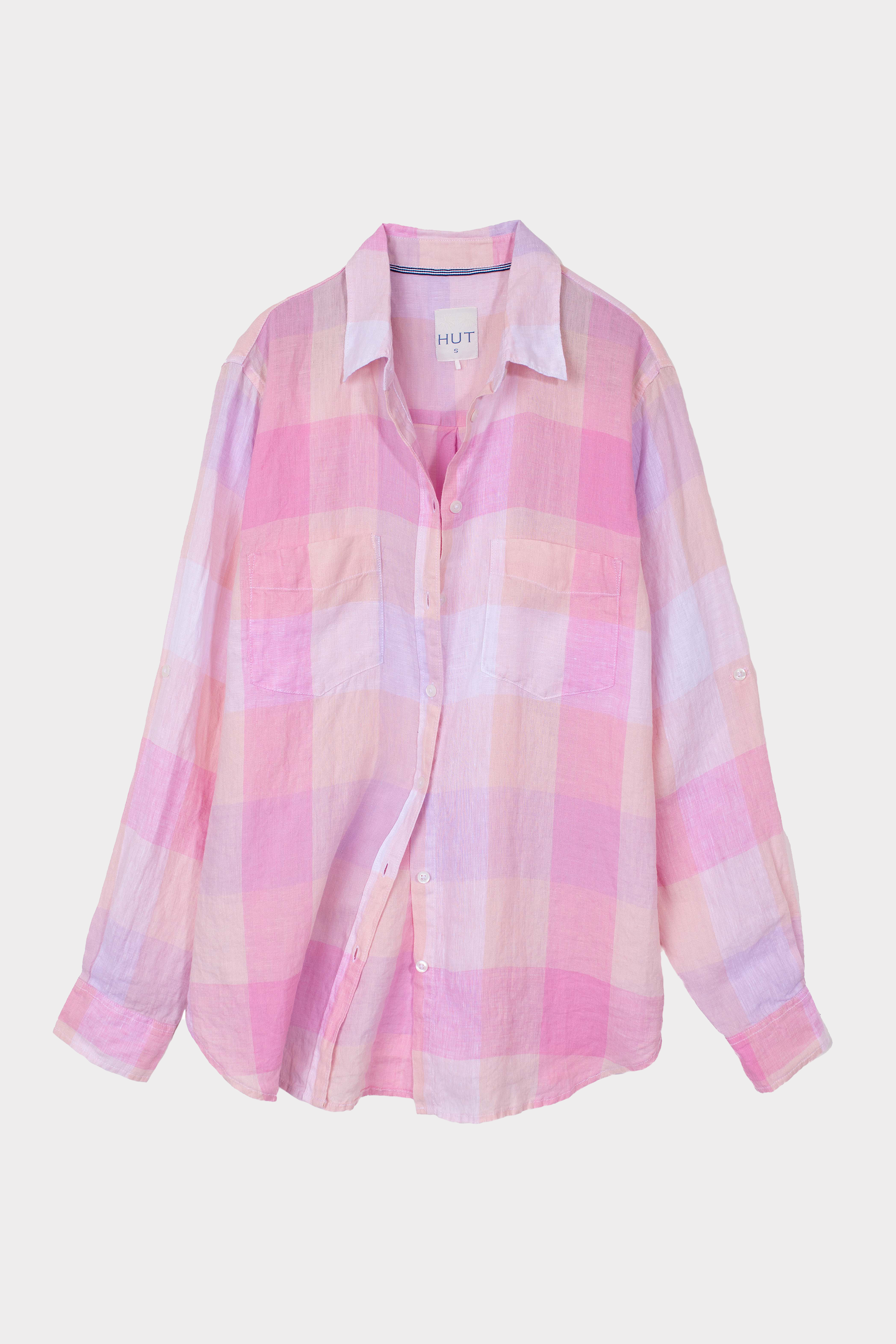 Hut Clothing Pink and white linen boyfriend plaid shirt on a light gray background