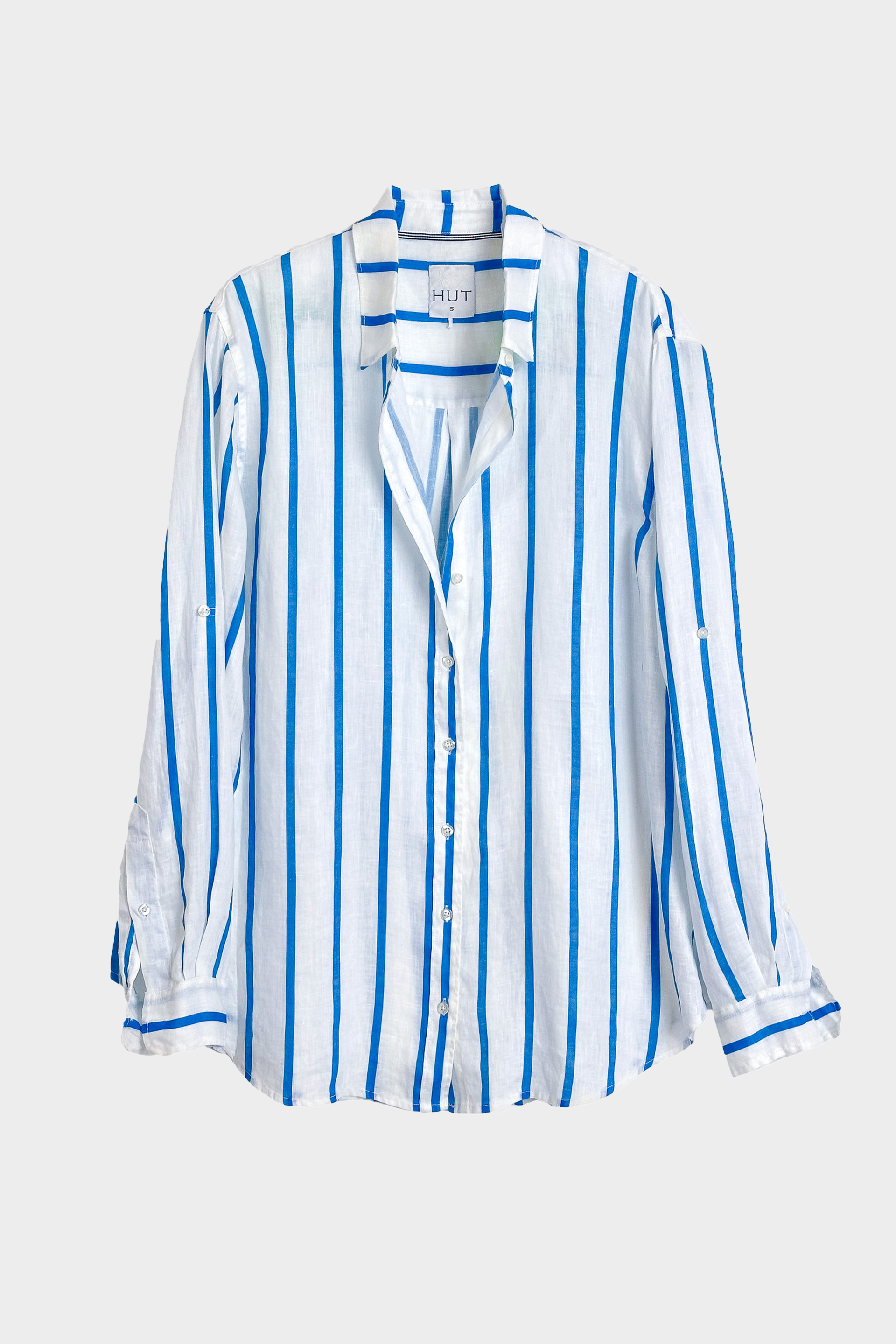 White linen boyfriend shirt with blue vertical stripes on a white background