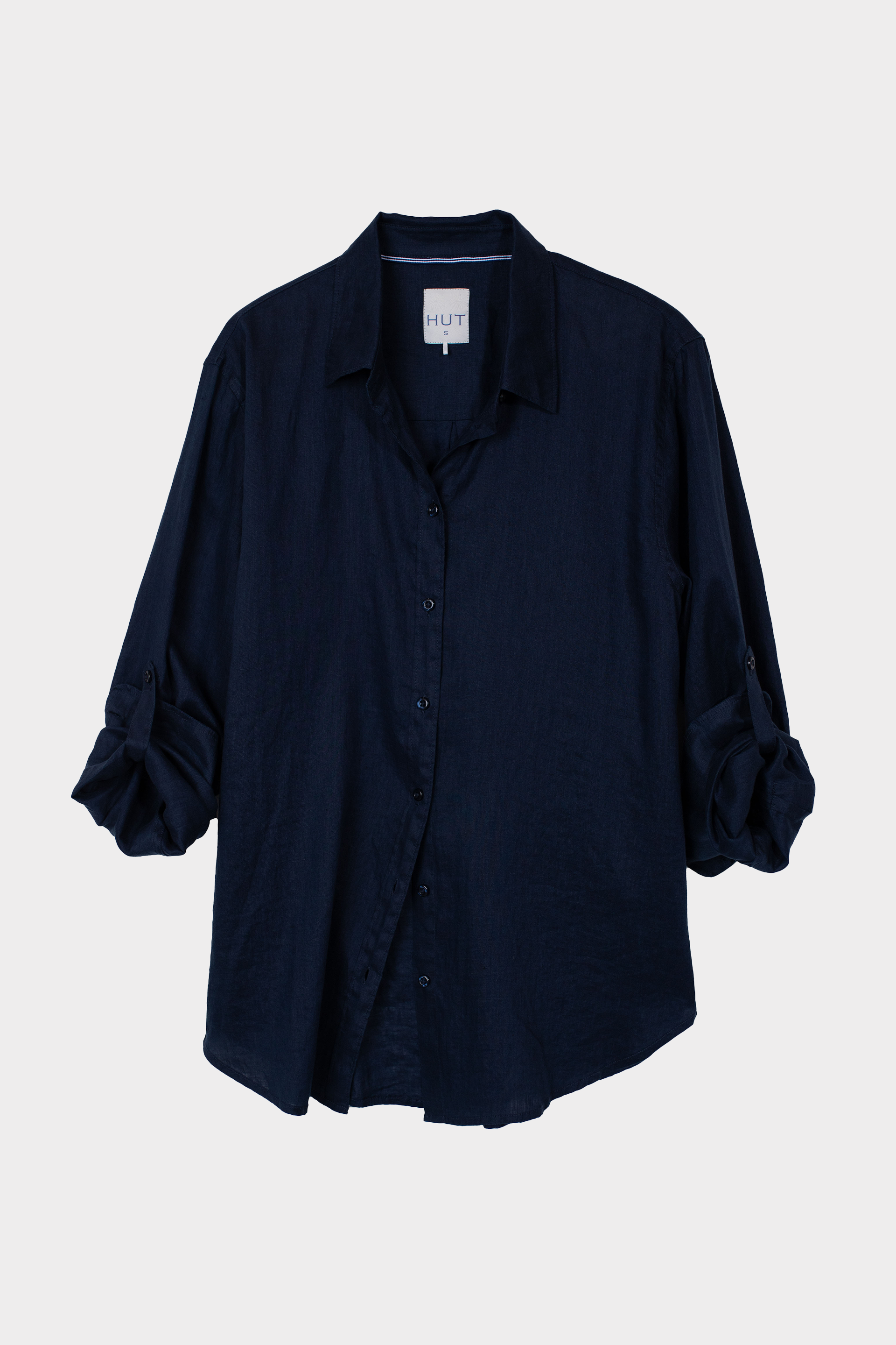 Navy blue boyfriend linen shirt on a light gray background