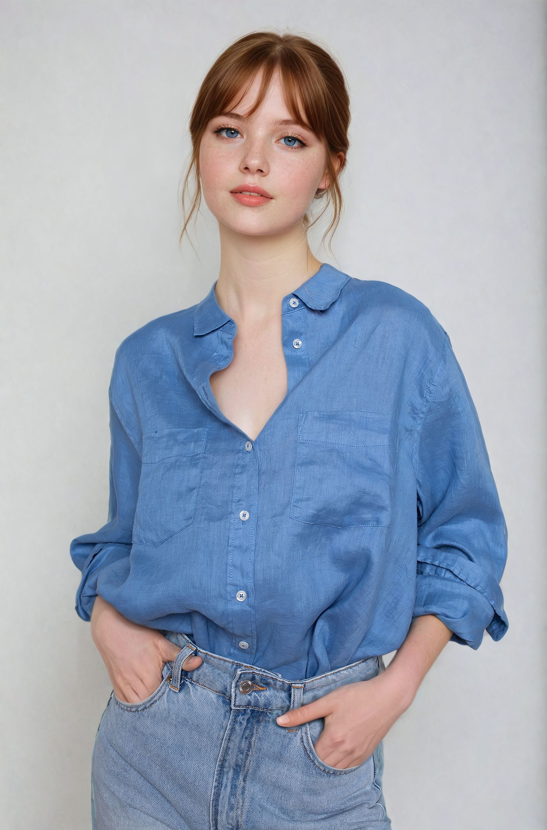 A woman wearing a periwinkle blue boyfriend linen shirt with long sleeves and a collar, paired with blue jeans.