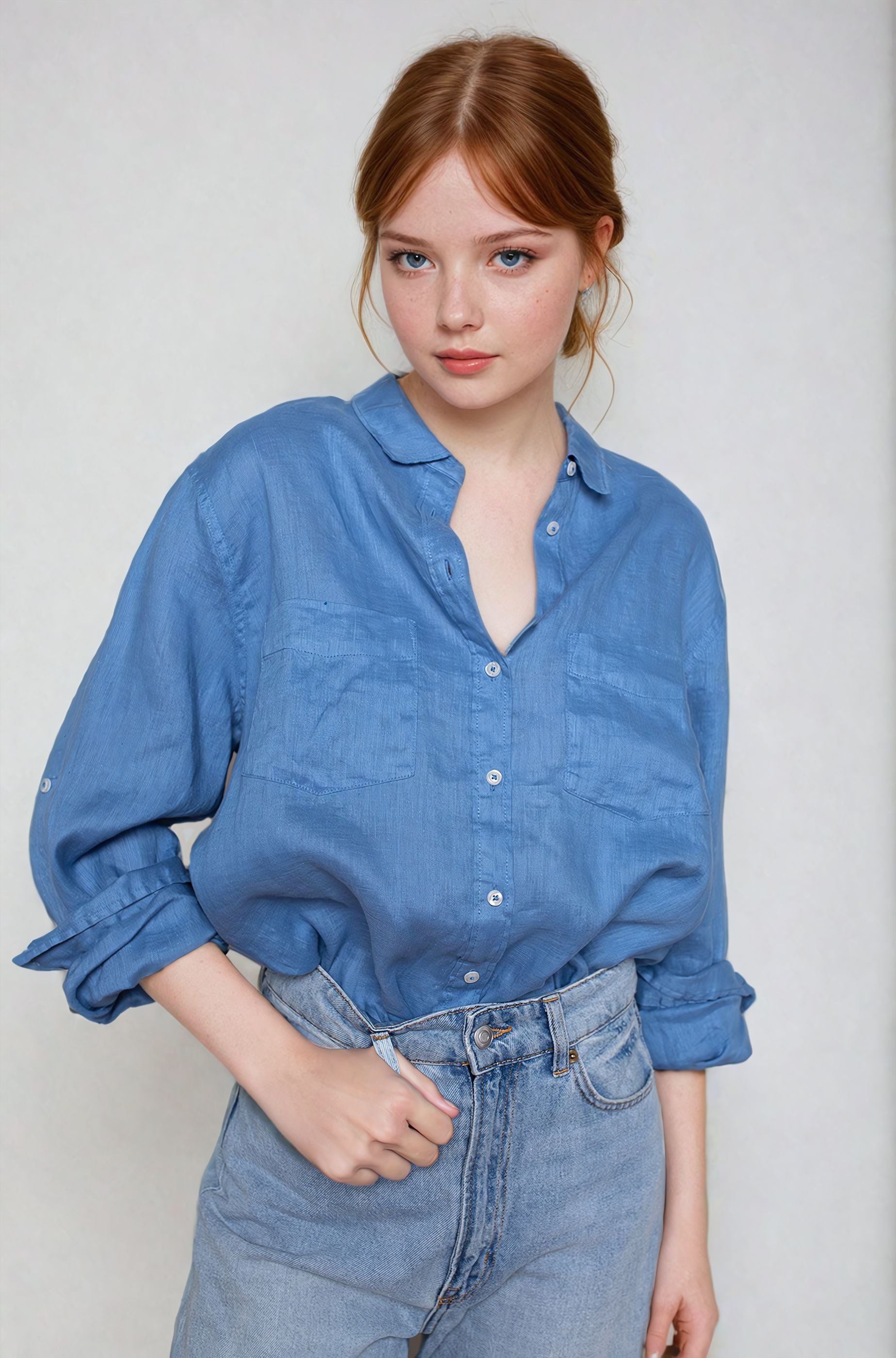 Model wearing Hut Periwinkle Boyfriend Linen shirt with denim jeans