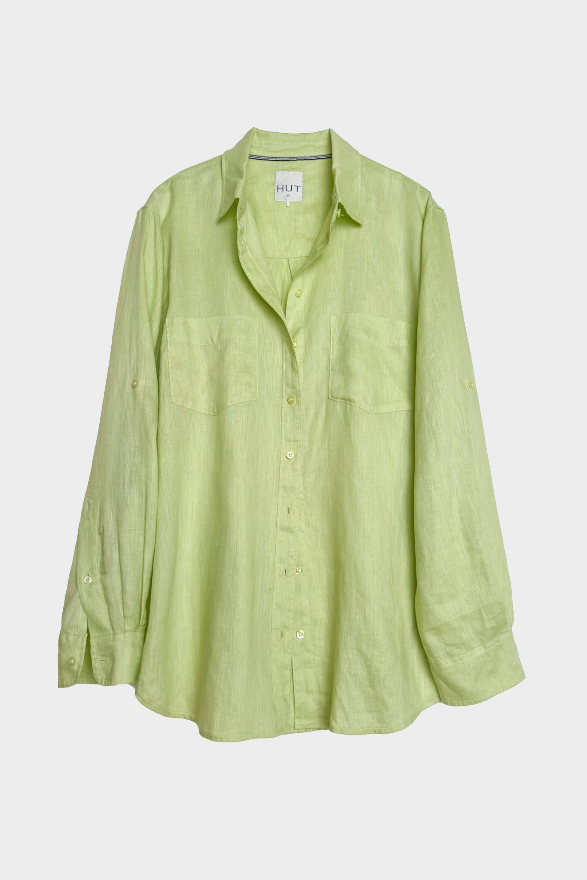 Light lime Green Linen Boyfriend shirt on a white background