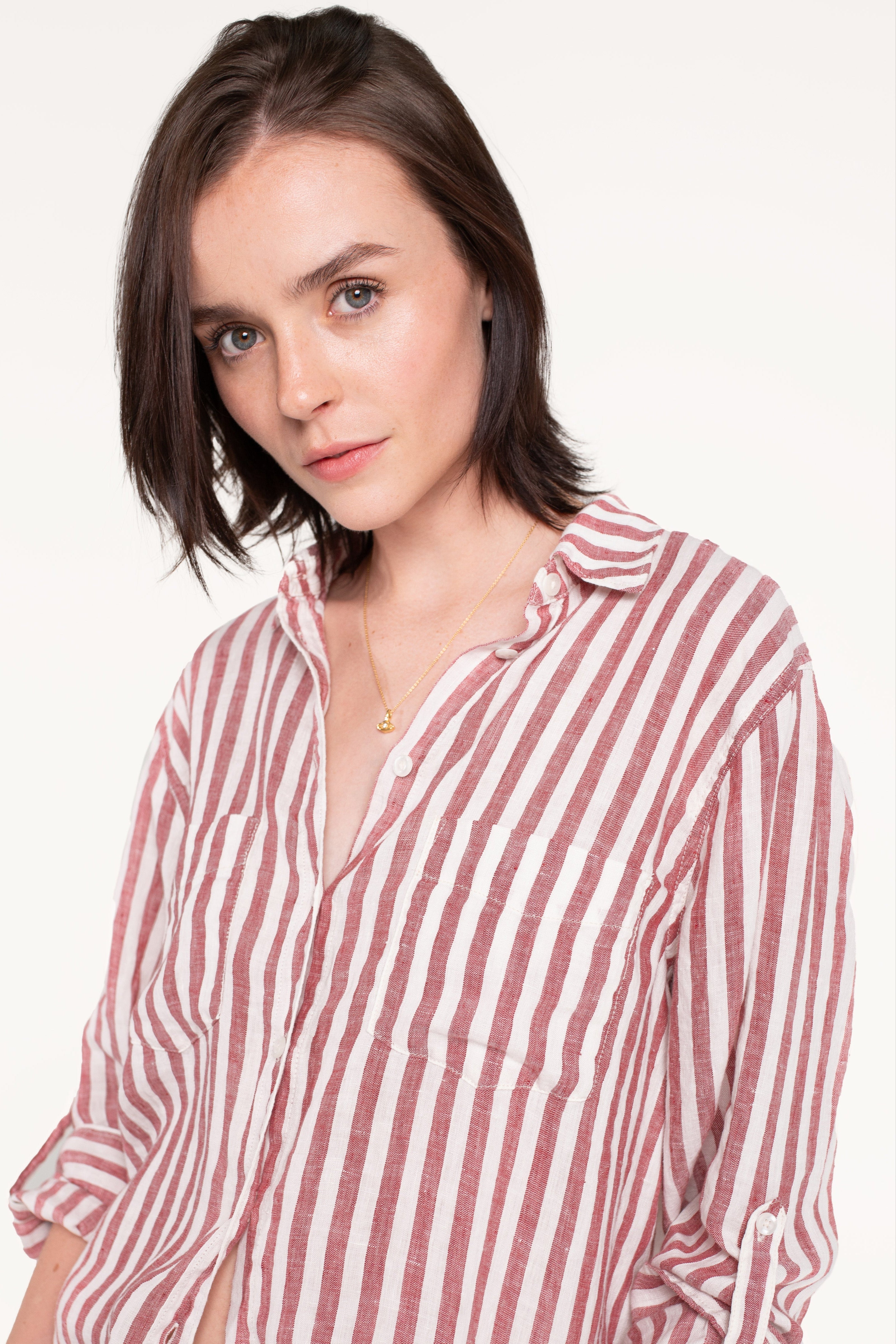 Hut Rhubarb Stripe Boyfriend Linen Shirt featuring two chest pockets
