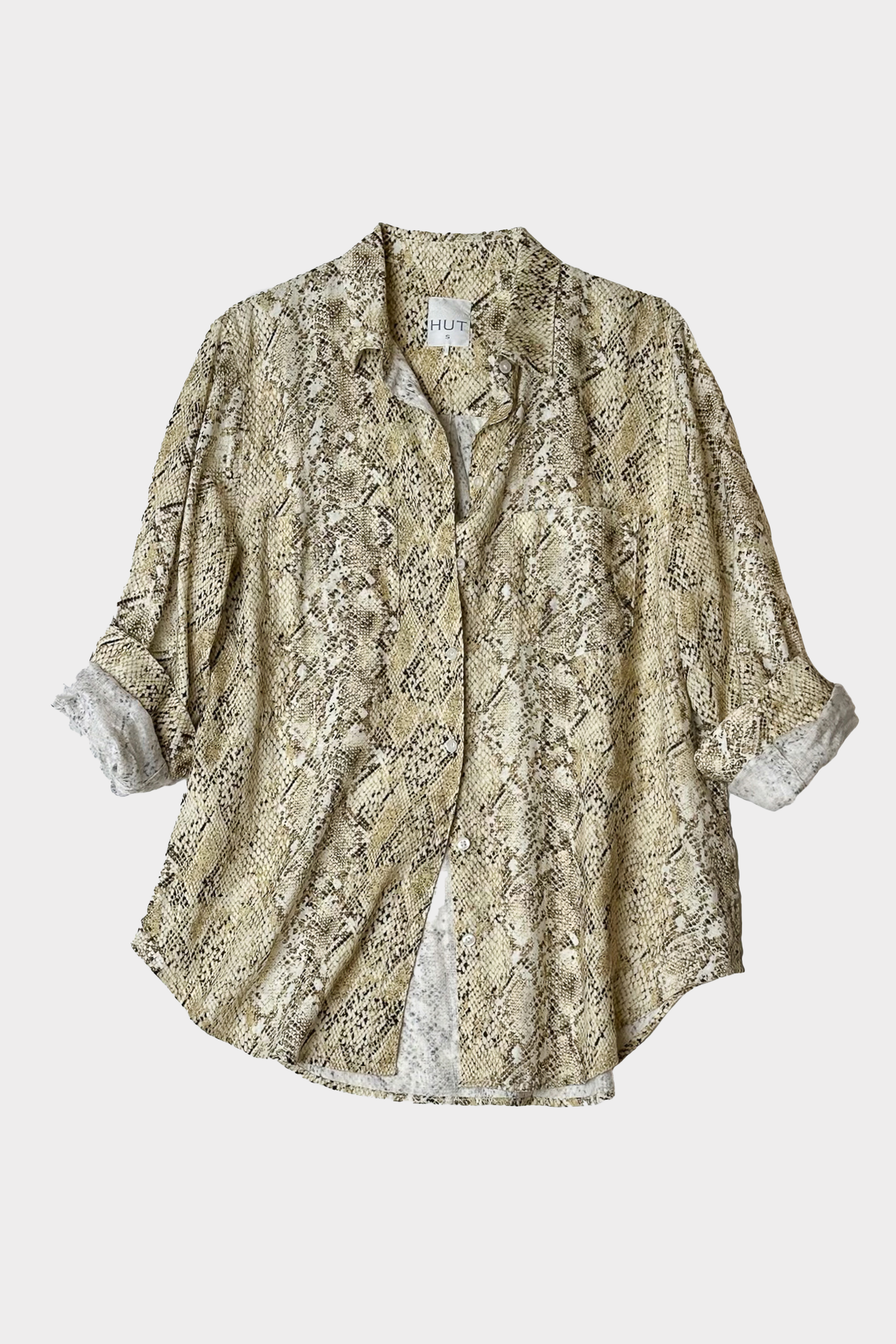 Hut Snake Skin Print Boyfriend Linen Shirt on a white background