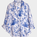 Oversized Boyfriend Linen Shirt with two chest pockets and tab sleeves in a blue and white Chinoiserie Print 