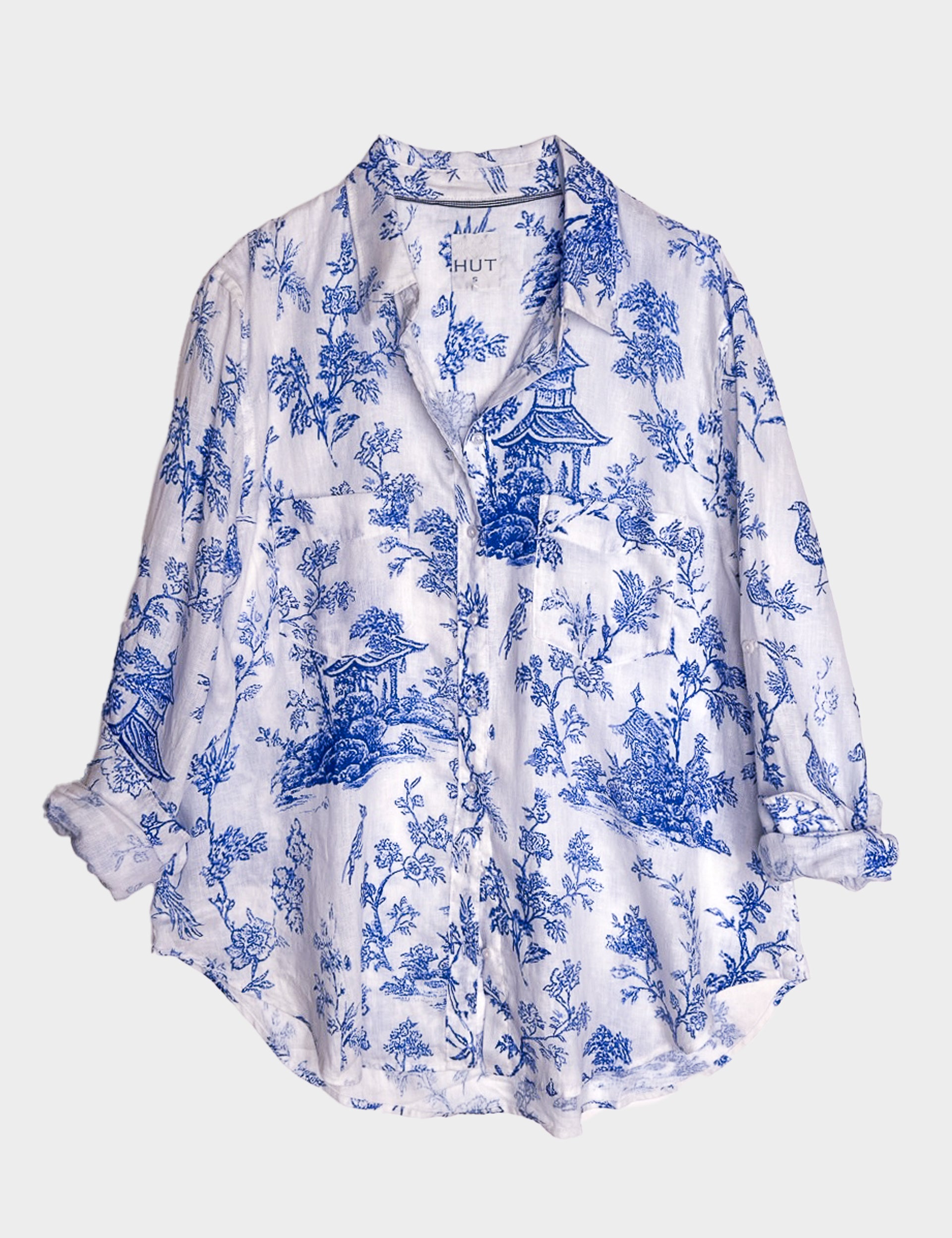 Oversized Boyfriend Linen Shirt with two chest pockets and tab sleeves in a blue and white Chinoiserie Print 