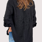 Back of Hut clothing Black Embroidered Palm Boyfriend Linen Shirt on model
