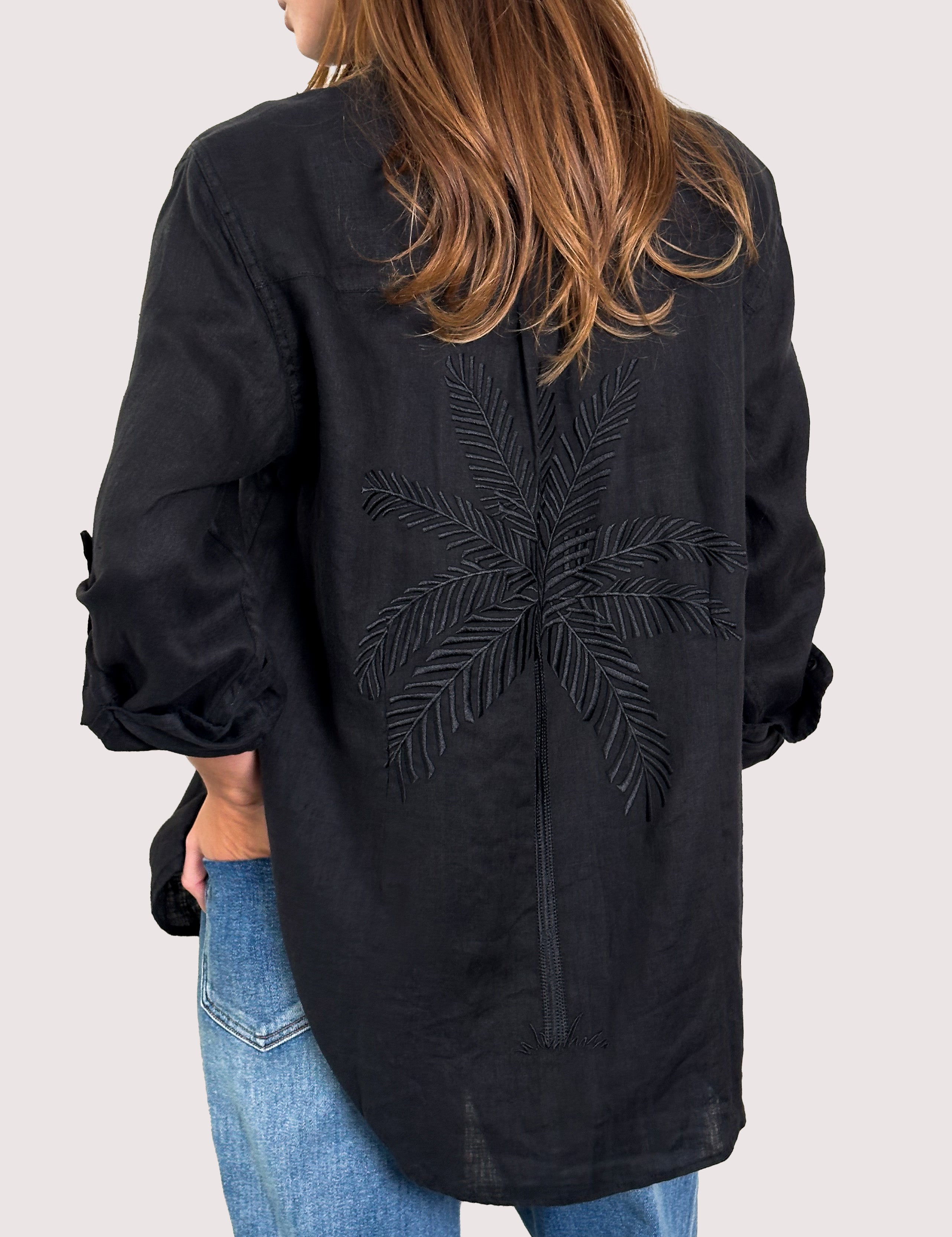 Back of Hut clothing Black Embroidered Palm Boyfriend Linen Shirt on model
