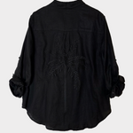 Back photo of Hut Clothing Black Embroidered Palm Boyfriend Linen Shirt made from organic Belgian linen 