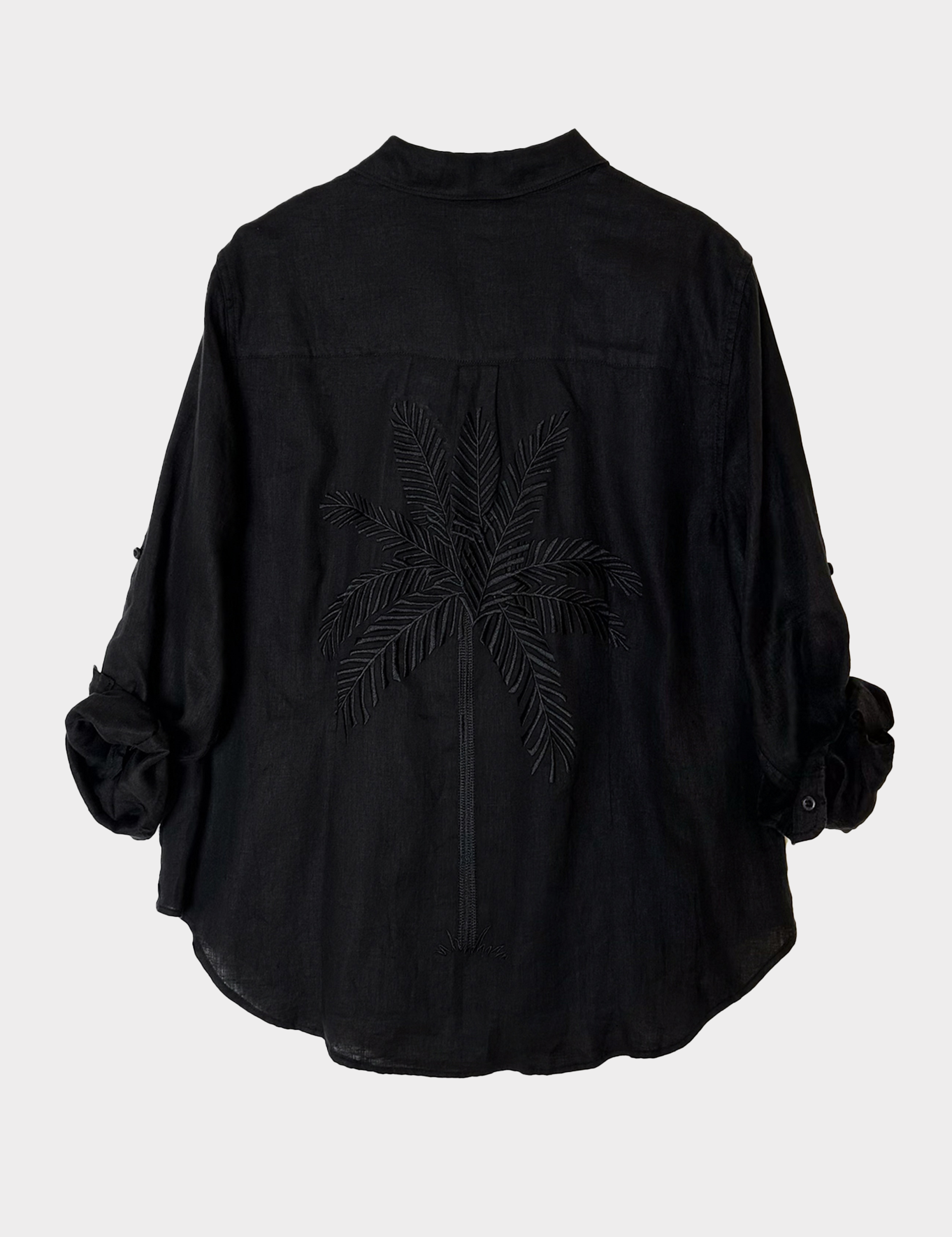 Back photo of Hut Clothing Black Embroidered Palm Boyfriend Linen Shirt made from organic Belgian linen 