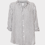 Hut Black and White Striped Boyfriend organic linen shirt on a light gray background