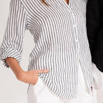 Detail photo of Hut Black Yarn Dye Stripe Boyfriend Linen Shirt with sleeves rolled up