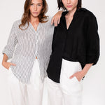 Hut Clothing Black Yarn Dye Stripe Boyfriend Linen Shirt and Black Embroidered Palm Boyfriend Linen Shirt 