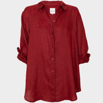 Hut Red button-up shirt on a white background