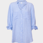 Light blue striped linen boyfriend shirt with two chest pockets and tab sleeves on a white background
