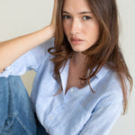 Model wearing Hut Clothing Baby Blue Stripe Boyfriend Linen Shirt
