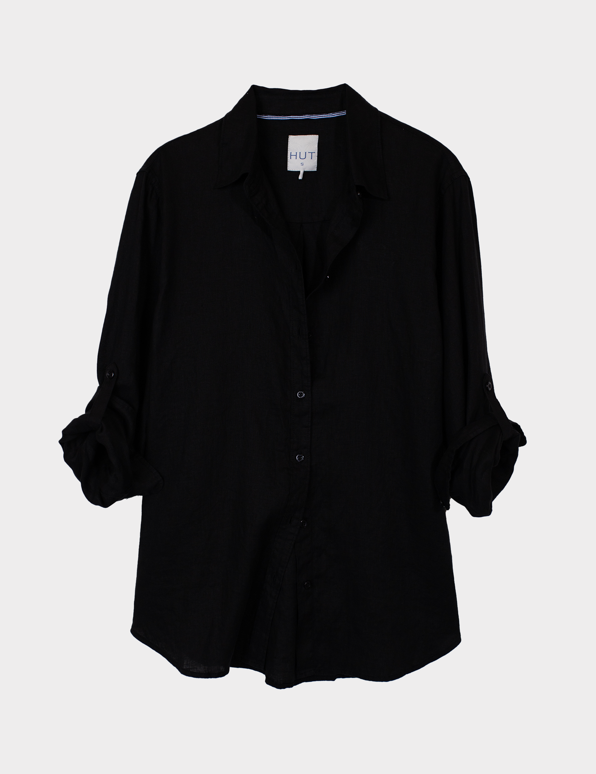 Black Linen Boyfriend shirt with no pockets on a white background
