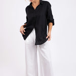 Model wearing Hut Clothing Black No Pocket Boyfriend Linen Shirt