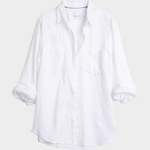 White linen boyfriend shirt on a light gray background