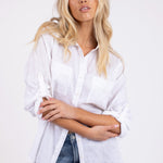 Model wearing Hut Clothing Classic White Two Pocket Boyfriend Linen Shirt