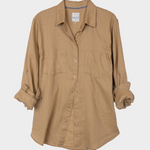 Brown Linen Boyfriend shirt with rolled-up sleeves and two chest pockets on a white background
