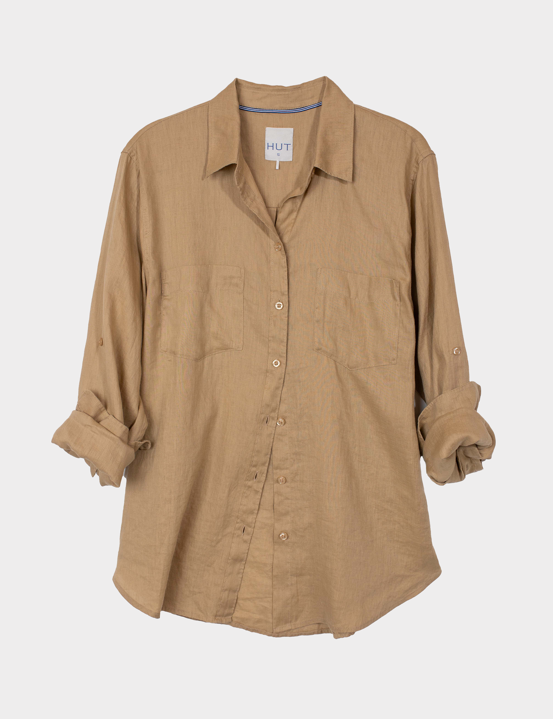 Brown Linen Boyfriend shirt with rolled-up sleeves and two chest pockets on a white background