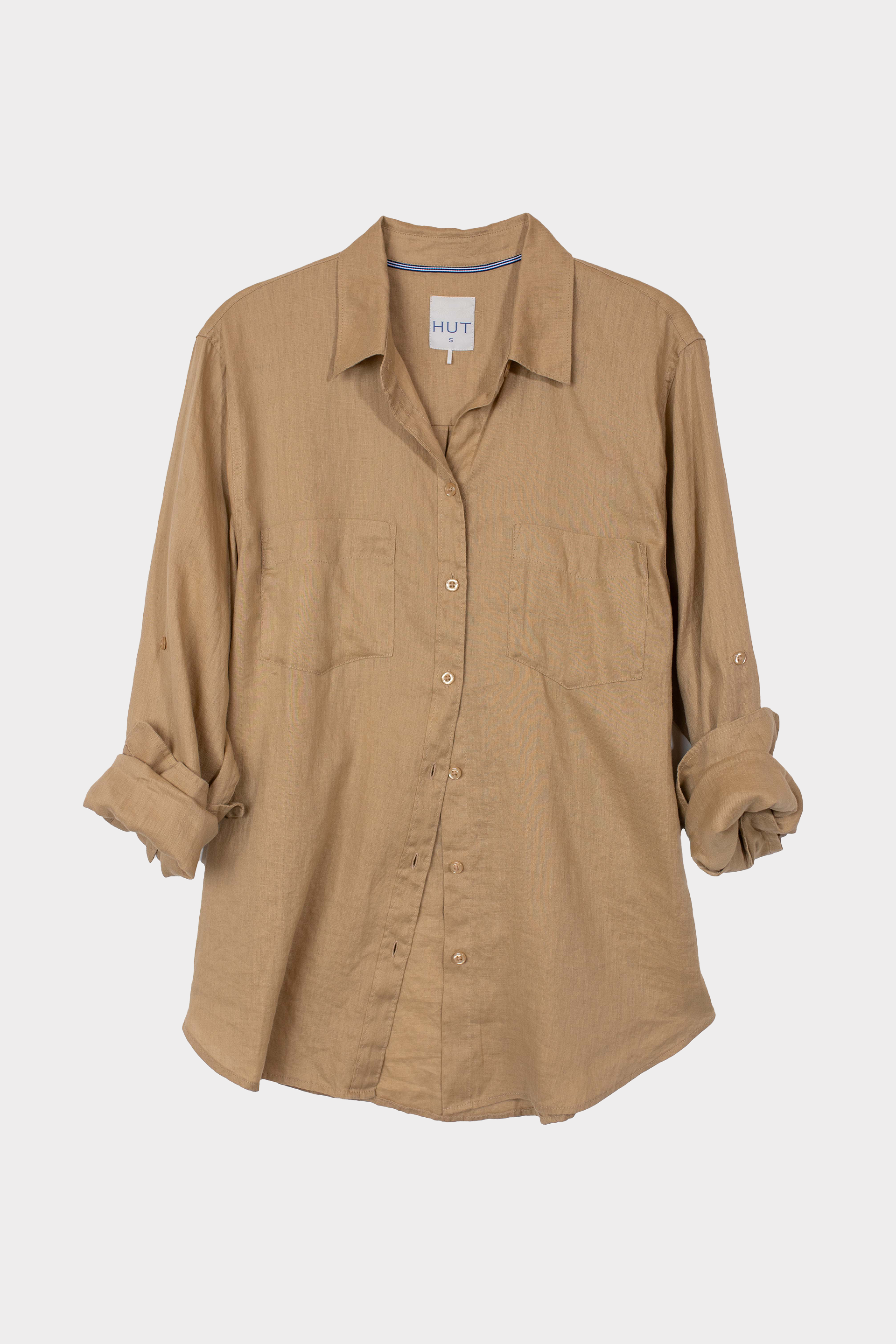Brown Linen Boyfriend shirt with rolled-up sleeves and two chest pockets on a white background
