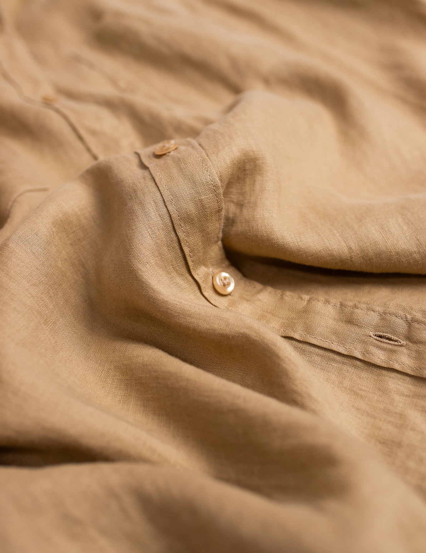 Close up of placket and buttons on Hut Clothing Croissant Boyfriend Linen Shirt