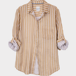 Striped Tan Boyfriend Linen shirt with rolled-up sleeves on a white background