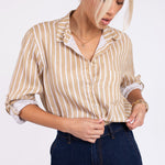 Model wearing Hut Clothing Iconic Tan Stripe Boyfriend Linen Stripe with one chest pocket and self covered buttons