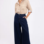Model wearing Hut Clothing Iconic Tan Stripe Boyfriend Linen Stripe