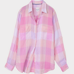 Hut Clothing Pink and white linen boyfriend plaid shirt on a light gray background