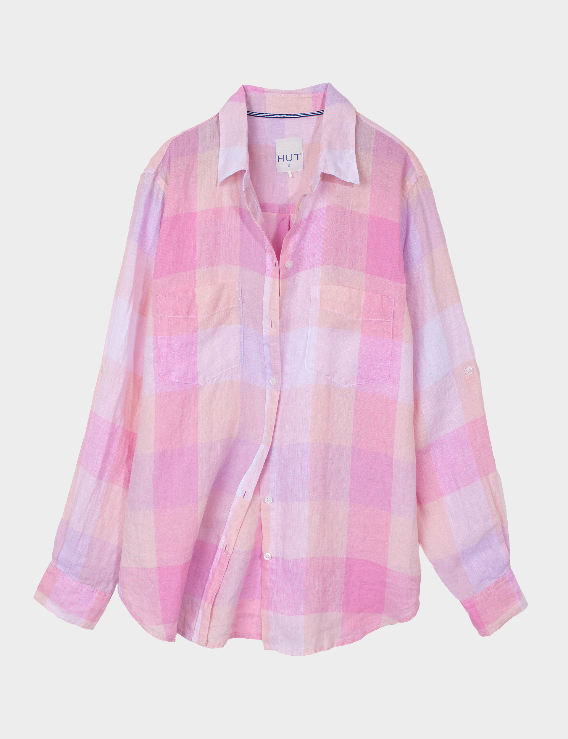 Hut Clothing Pink and white linen boyfriend plaid shirt on a light gray background