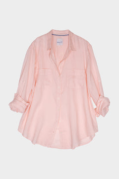 Pink linen shirt with rolled-up sleeves and two chest pockets on a light gray background