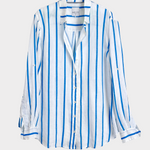 White linen boyfriend shirt with blue vertical stripes on a white background