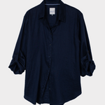 Navy blue boyfriend linen shirt on a light gray background