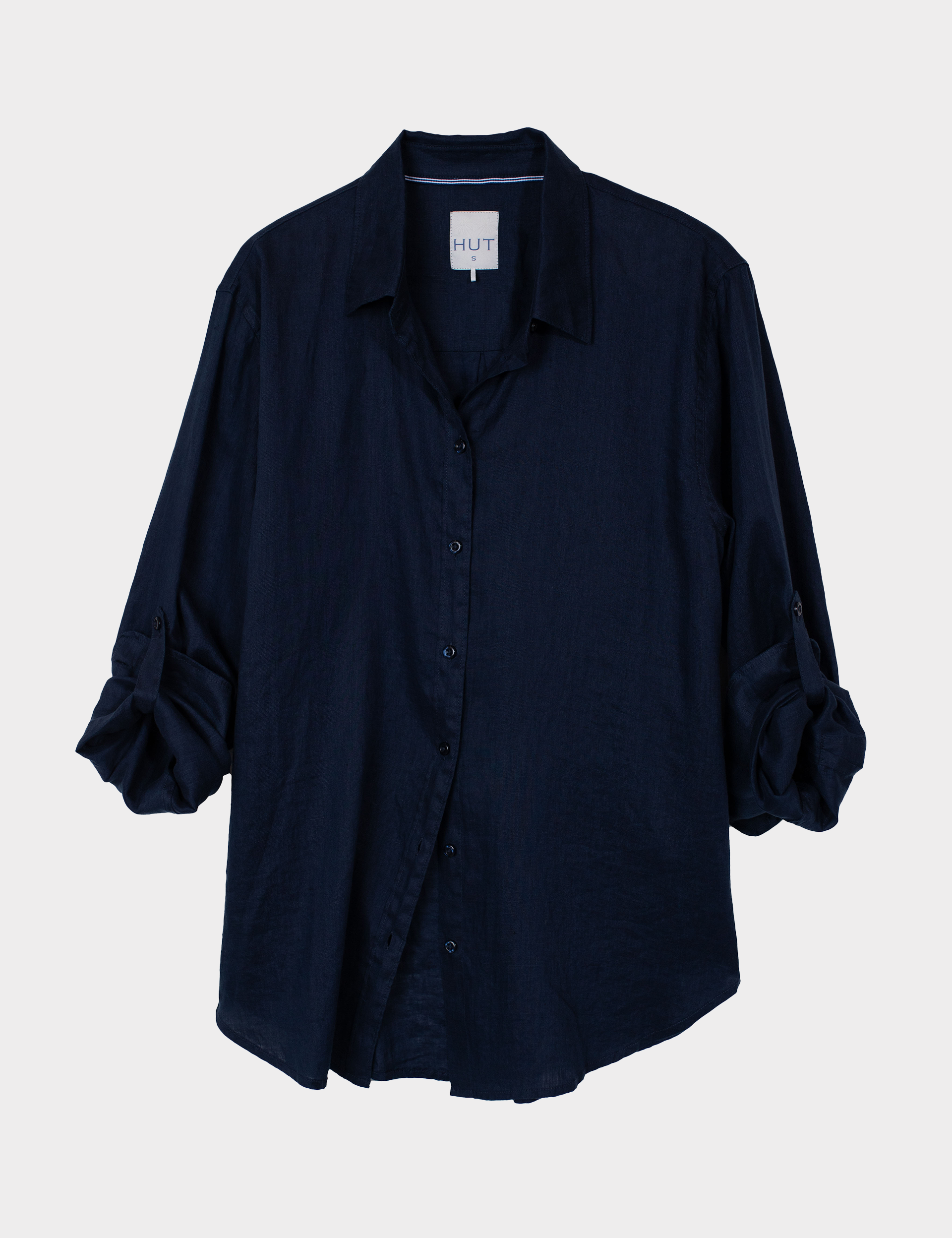 Navy blue boyfriend linen shirt on a light gray background