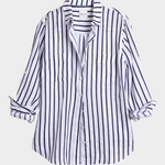 Navy and White Striped organic boyfriend linen shirt with two chest pockets and tab sleeves on a light gray background