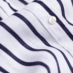 Close up of placket and Hut branded buttons on Hut Clothing Navy and White Stripe Boyfriend Linen Shirt