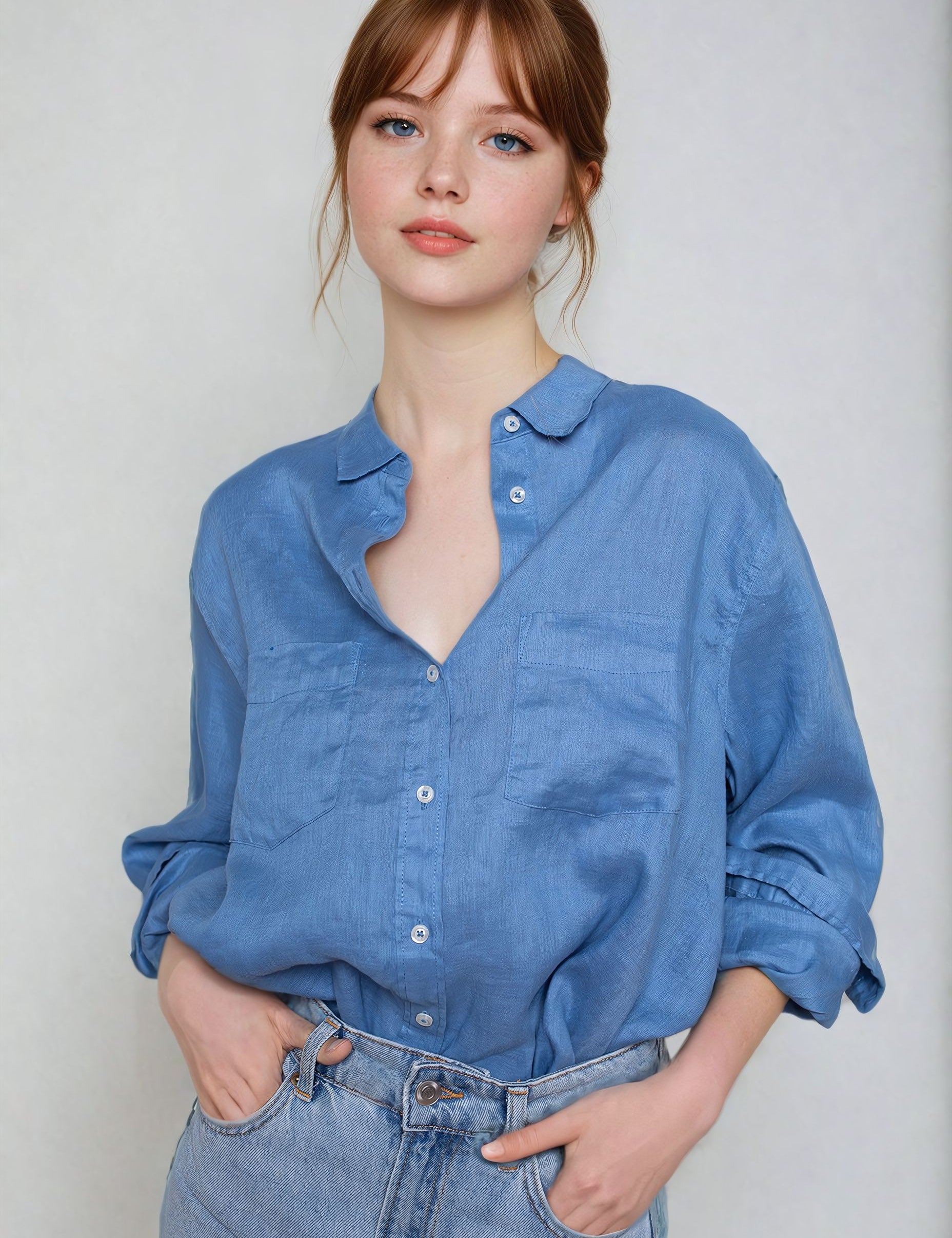 A woman wearing a periwinkle blue boyfriend linen shirt with long sleeves and a collar, paired with blue jeans.