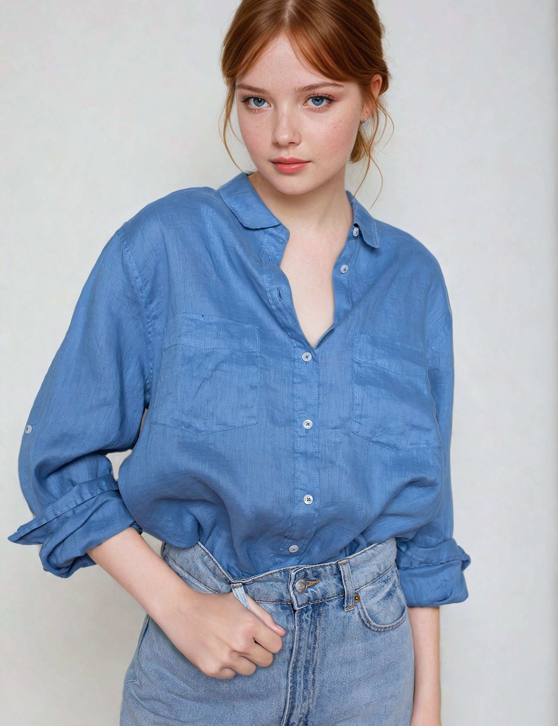 Model wearing Hut Periwinkle Boyfriend Linen shirt with denim jeans