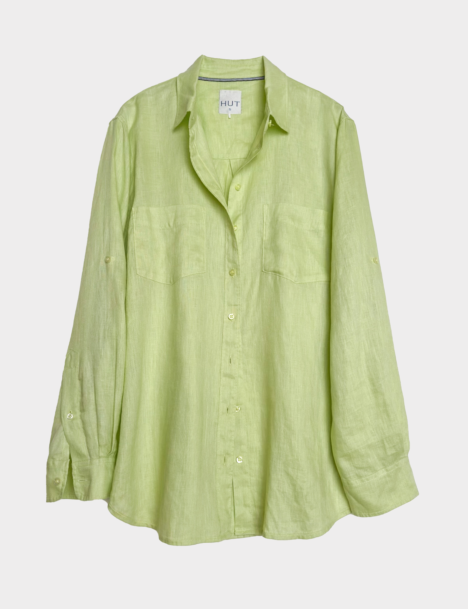 Light lime Green Linen Boyfriend shirt on a white background